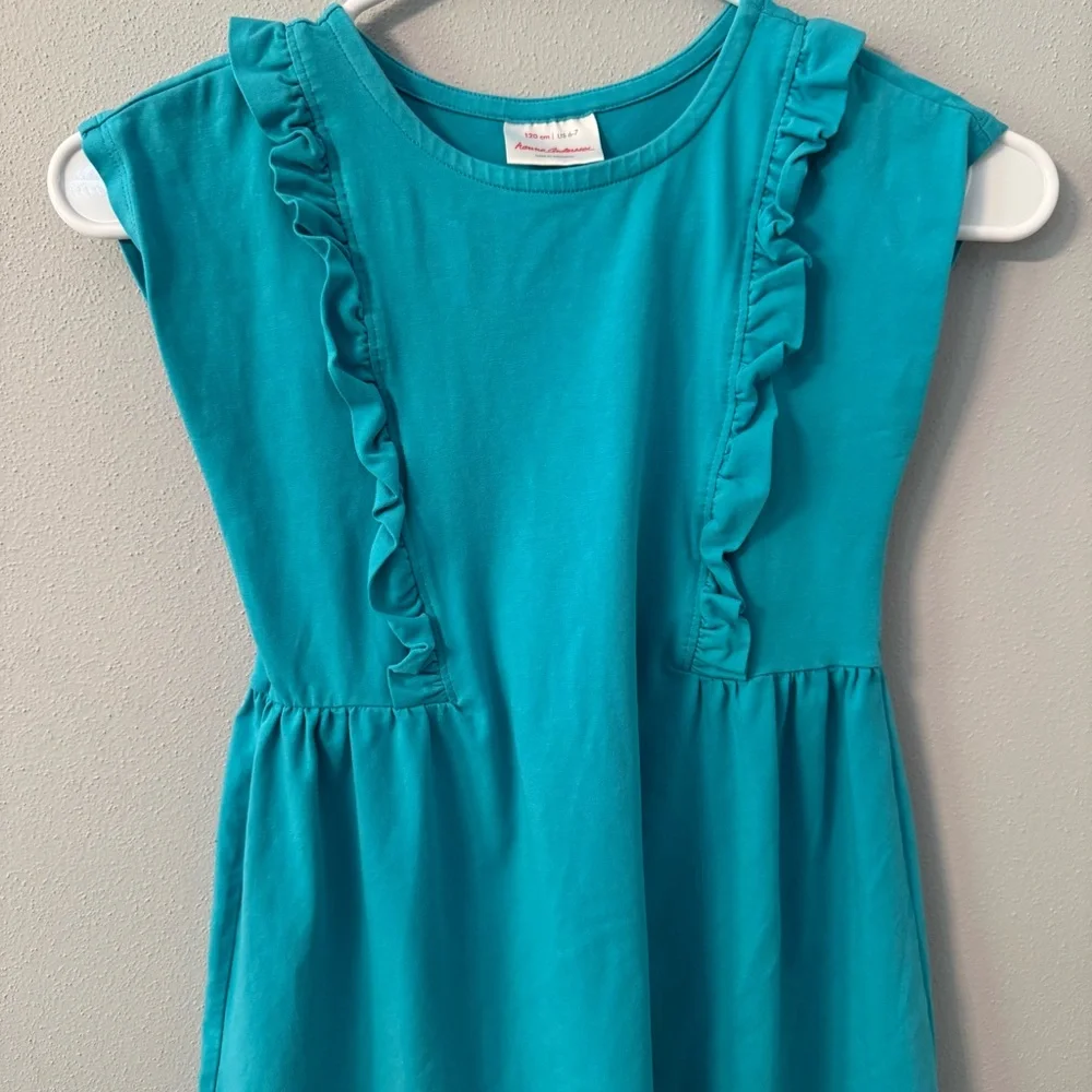 Hanna Andersson Girl Teal Blue Ruffle Trim Cap Sleeve Knit Dress Size 120 US 6-7